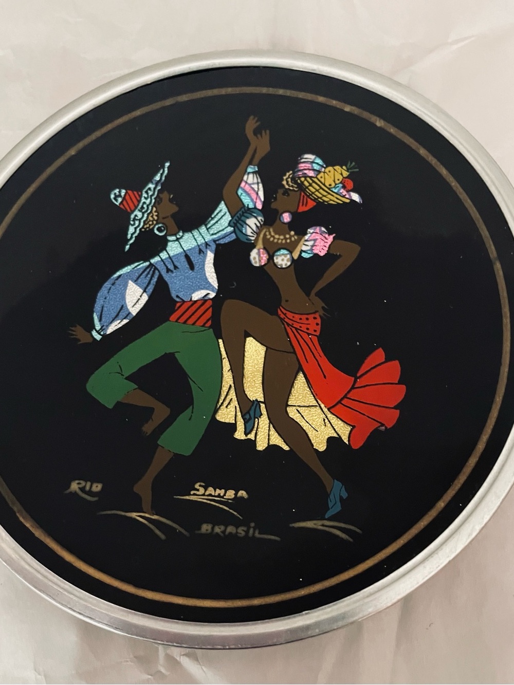 Vintage Brazil-Samba-carnival-painted on glass-aluminum case-precision stones